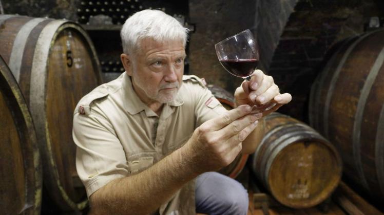 Weingutleiter Stefan Schmidt kontrolliert einen Rotwein vom Schloss Rattey.