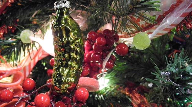 Eine "Weihnachts-Gurke" hängt am festlichen geschmückten Weihnachtsbaum und wartet darauf entdeckt zu werden. 
