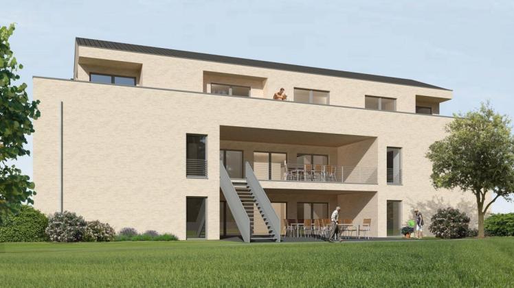 So soll die Senioren-WG in Wersen aussehen: Im Bild ist die Südansicht auf das Gebäude mit sechs Wohnungen im oberen Staffelgeschoss.