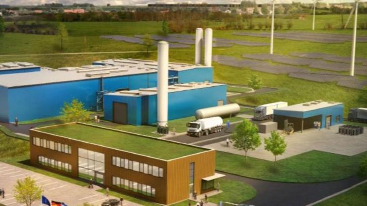 So könnte die Energiefabrik nahe der A14 in Plate einmal aussehen. Mit grünem Strom könnten Wasserstoff und Erdgas hergestellt werden.