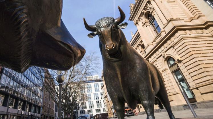 Der Bulle aus der Bronzeplastik "Bulle und Bär" steht vor dem Gebäude der Frankfurter Wertpapierbörse. Der Bulle simuliert an der Börse das Auf.