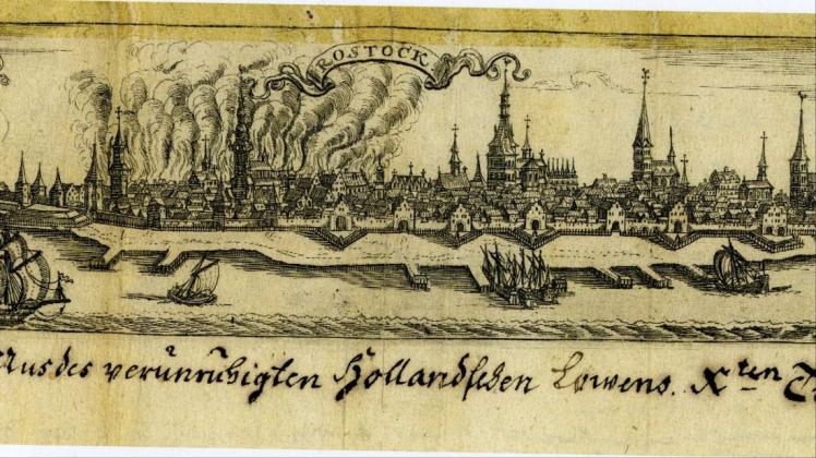 Das Bild vom großen Stadtbrand (gestochen um 1678) ist eine Kuriosität. Es ist seitenverkehrt und die Flammen lodern zwar richtig im Osten, aber aus der dort nun liegenden Neustadt.