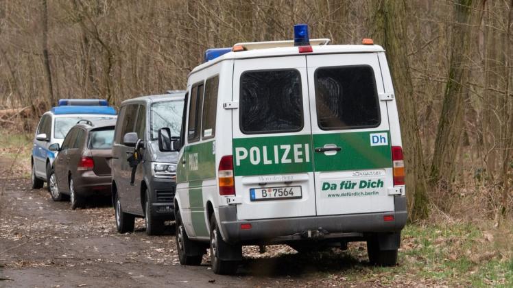 Polizeiwagen bei der großangelegten Suchaktion in einem Waldstück bei Kummersdorf.