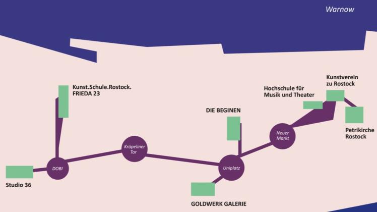 Das sind die Standorte der Kunstroute, die anlässlich der landesweiten Ausstellung „Kunst Heute“ in diesem Jahr durch die Rostocker Innenstadt führt.