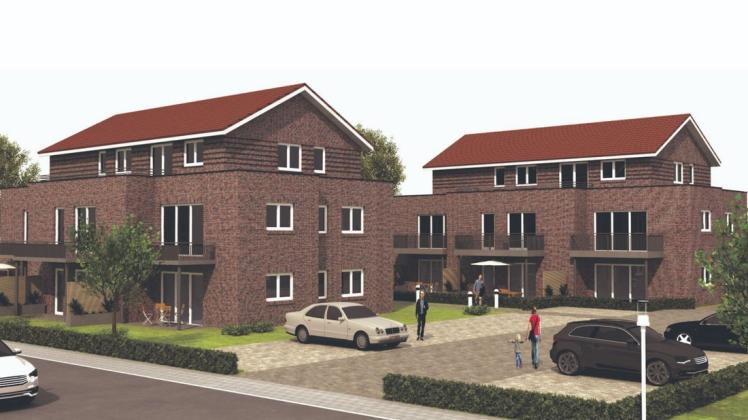 So sollen die beiden Mehrfamilienhäuser am Eingang des Baugebiets in Bingum aussehen. (Visualisierung)