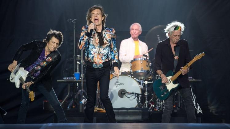 Die Rolling Stones bei ihrer letzten Europa-Tournee 2018. Von links nach rechts: Ron Wood, Mick Jagger, Charlie Watts und Keith Richards.