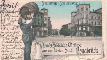 Eine Humor-Postkarte aus dem Jahr 1904 transportiert Neujahrsgrüße „aus der fidelen Stadt Osnabrück“.