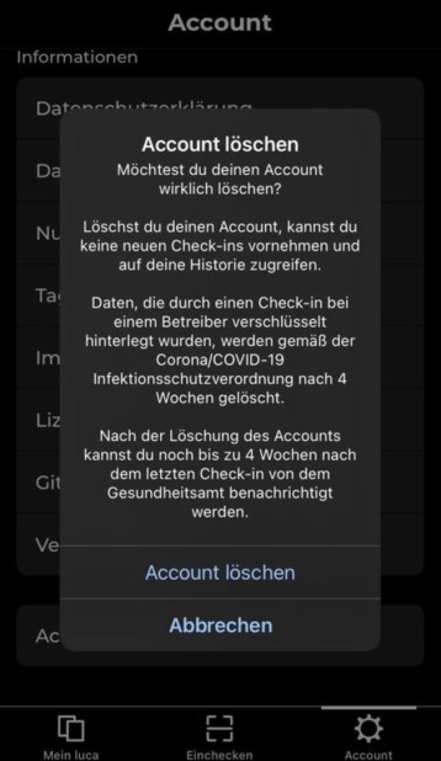 Diesen Hinweise sehen Nutzer, bevor sie ihr Luca-Konto endgültig löschen. (Screenshot) Diesen Hinweise sehen Nutzer, bevor sie ihr Luca-Konto endgültig löschen. (Screenshot)