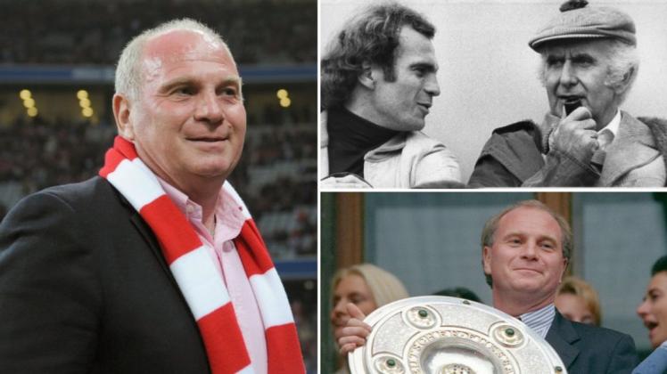 Uli Hoeneß erlebte als Bayern-Boss zahlreiche Erfolge. Oben sieht man ihm neben seinem Vorgänger Robert Schwan. Foto: dpa/Tobias Hase. dpa/Peter Kneffel, dpa/Hartmut Reeh