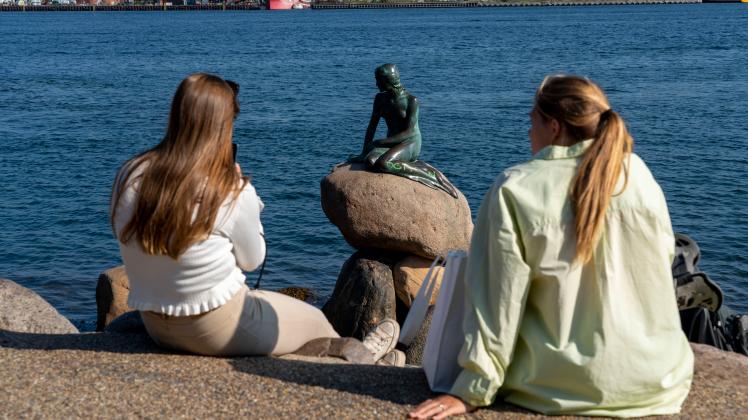 Die Statue Kleine Meerjungfrau, dänisch Den lille Havfrue, an der Uferpromenade Langelinie in Kopenhagen, gilt als das k