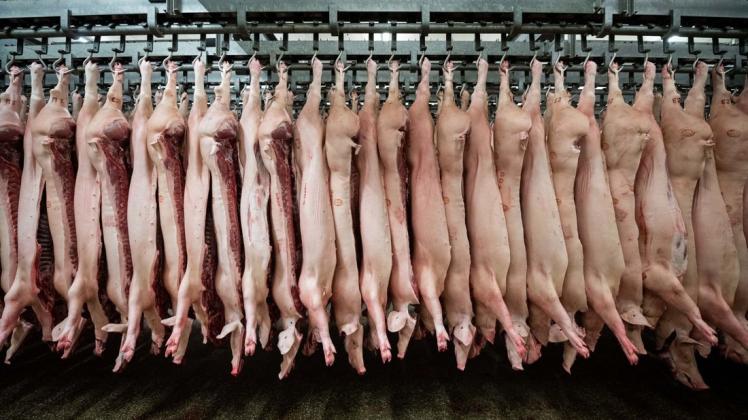 Schweinehälften in einem Schlachthof. Foto: dpa/Mohssen Assanimoghaddam