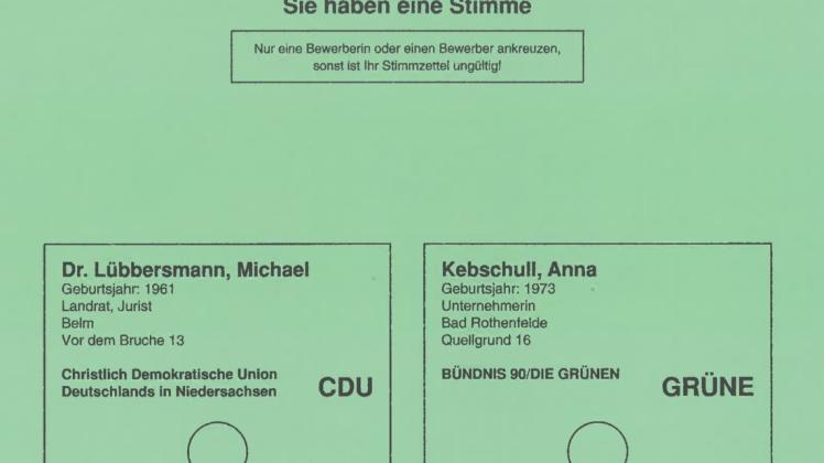 Wegen dieser Stimmzettel hatte es einen Einspruch gegen die Landrats-Stichwahl im Landkreis Osnabrück gegeben. Ein Briefwähler hatte Wahlbeeinflussung wegen der grünen Farbe der Stimmzettel vermutet. Foto: Landkreis Osnabrück