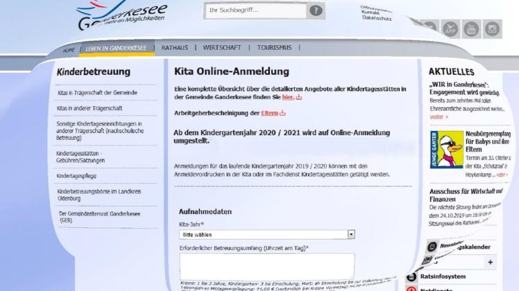 So sieht das Internetportal aus, über das Eltern ab sofort ihre Kinder für Kita-Plätze in Ganderkesee anmelden können. Zu finden ist es unter https://kita.gemeindeganderkesee.de. Grafik: Gemeinde Ganderkesee So sieht das Internetportal aus, über das Eltern ab sofort ihre Kinder für Kita-Plätze in Ganderkesee anmelden können. Zu finden ist es unter https://kita.gemeindeganderkesee.de. Grafik: Gemeinde Ganderkesee
