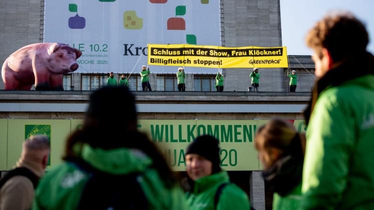 Greenpeace-Aktivisten protestierten bereits während der Internationalen Grünen Woche gegen Billigfleisch. Foto: dpa/Christoph Soeder