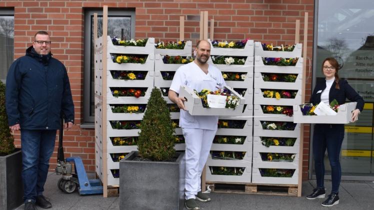 1600 Kisten mit einem Frühlingsblumen-Mix überreichten Emsflower-Mitarbeiter an das Bonifatius-Team in Lingen. Darüber freuen sich: (von links) Andree Ferlemann, Jan Altmeppen und Marina Spahn. Foto: Emsflower