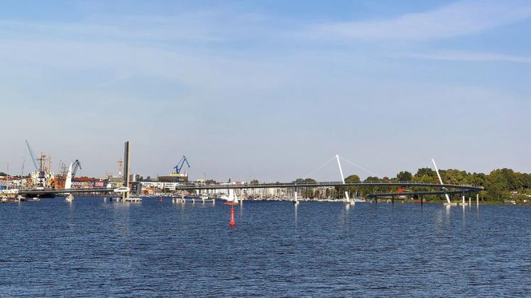 Für die Buga 2025 in Rostock ist eine Brücke von Gehlsdorf zum Stadthafen über die Warnow geplant. So könnte sie aussehen.