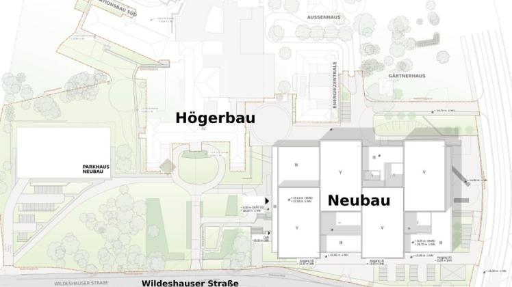 Das Parkhaus und der Krankenhaus-Neubau nehmen künftig den historischen Höger-Bau in die Mitte.