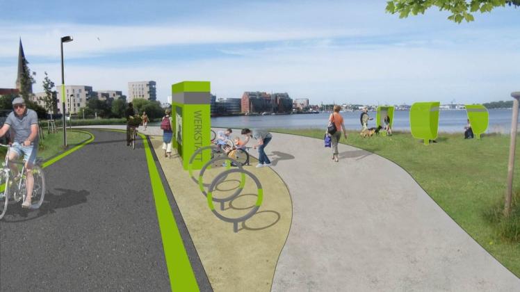 Zur Buga 2025 soll das Warnow-Rund Fußgänger und Radfahrer unter anderem auch am Rostocker Stadthafen entlang führen und an einigen Stellen die Möglichkeit bieten, sein Fahrrad zu reparieren.