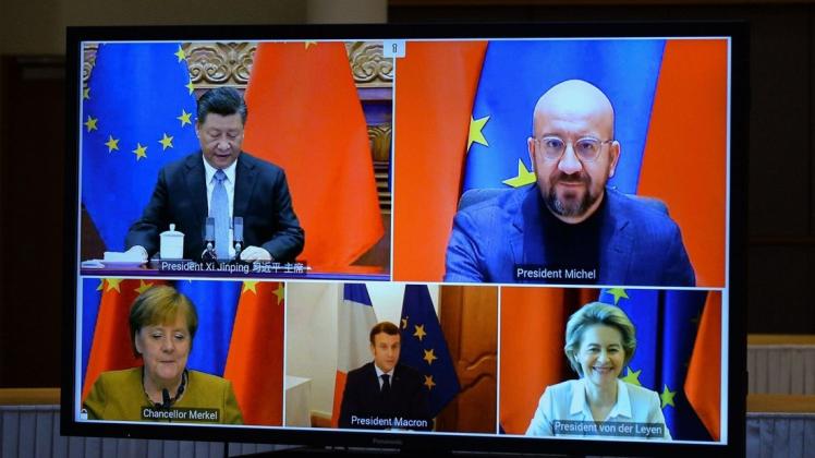 Neuer Anlauf für mehr Kooperation: Chinas Präsident Xi Jinping bei einer Videokonferenz mit EU-Ratspräsident Charles Michel, Kanzlerin Angela Merkel, Frankreichs Staatschef Emmanuel Macron und EU-Kommissionschefin Ursula von der Leyen.