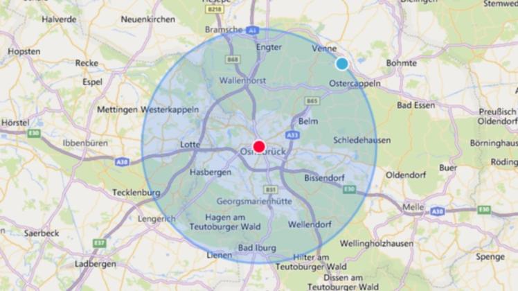 Anhand dieser Karte erkennt man, bis wohin man sich bewegen dürfte, wenn man in der Innenstadt von Osnabrück wohnen würde. (Screenshots: noz.de)