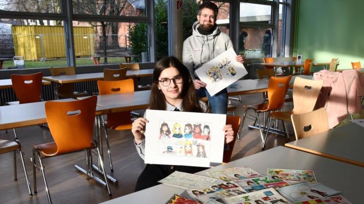 Sie ist die Künstlerin hinter der Comic-Broschüre des Willms-Gymnasiums: Alanda Shwesh und Lehrer Klaas Wiggers.