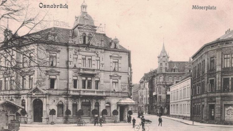 Das Central-Hotel gegenüber vom Haarmannsbrunnen gab nach dem Ersten Weltkrieg den Hotelbetrieb auf. Im Februar 1921 übernahm der Barmer Bankverein das Gebäude. Links mündet die Schillerstraße ein, in der Bildmitte die Möserstraße. (Ansichtskarte aus der Sammlung Helmut Riecken)