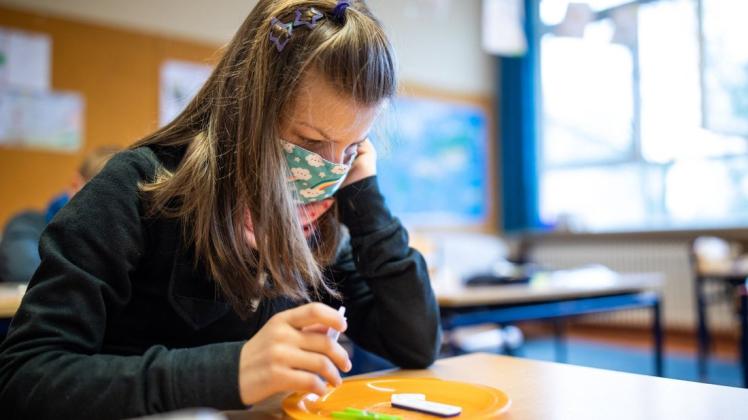Zoe (9 J.) beobachtet das Testgerät während sie auf ein Ergebnis wartet. In der 4. Klasse von Carolin Wilkemeyer an der Grundschule in Lotte machen die Schülerinnen und Schüler zum ersten Mal einen Selbsttest im Klassenzimmer. Foto: Michael Gründel