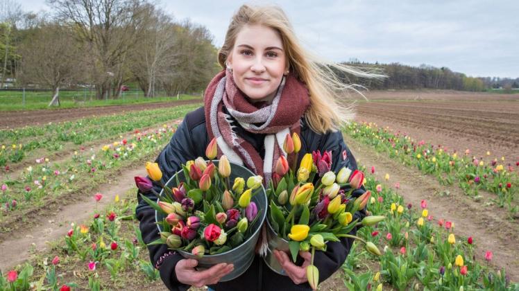 Die Studentin Meike Cziehso weiß, wo die schönsten Tulpen auf der Blumenwiese wachsen.