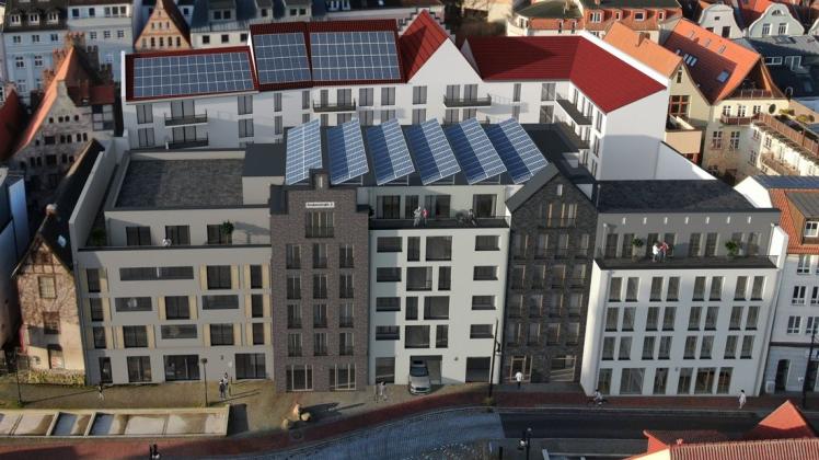 So soll laut Planungen das neue Wohnhaus zwischen Grubenstraße und Große Wasserstraße in der Rostocker Altstadt aussehen, welches Investor Jonas Holtz gedenkt, bis Ende 2022 fertigzustellen.