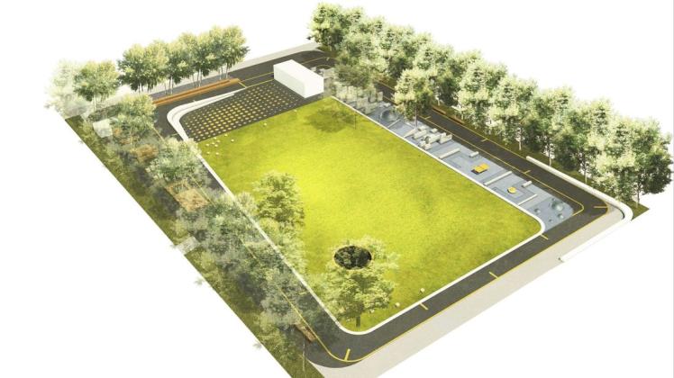 Eine Visualisierung zeigt, wie der Bürgerpark Toitenwinkel später aussehen soll. Die Fertigstellung ist jetzt für das erste Quartal 2022 geplant.