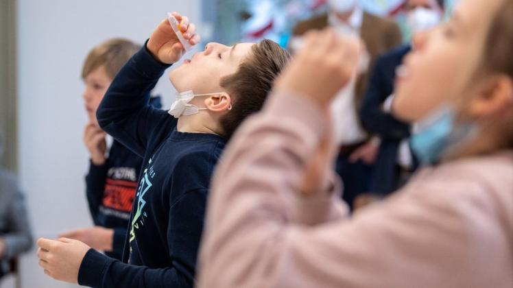 Schüler einer vierten Klasse einer Grundschule, lassen sich während eines selbst durchgeführten Coronatests ein Wattestäbchen aus einem Teströhrchen in den Mund fallen.