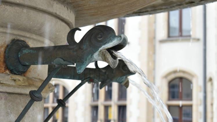 Wasser frei: Die Drachenköpfe am Borwinbrunnen speien wieder.