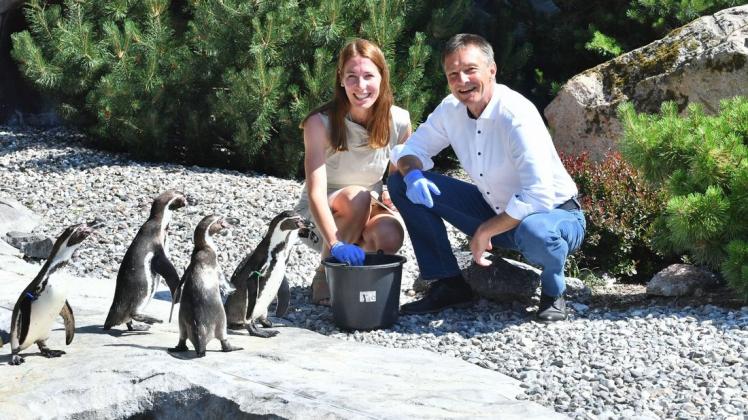 Ihre Patentiere, die Humboltpinguine, besuchten Nordwasser-Sprecherin Bettina Kalnins und Geschäftsführer Ulf Altman im Zoo Rostock.