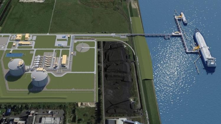 Blick in die Zukunft: So soll das LNG-Terminal an der Elbe in Brunsbüttel einmal aussehen.