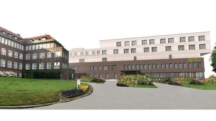So soll das neue Delmenhorster Krankenhaus in der Nachbarschaft des Höger-Baus aussehen.