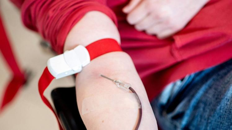 Blut läuft während einer Blutspende vom Arm durch eine Nadel in einen Beutel.