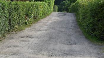 Schlagloch an Schlagloch: Der Weg in der Kleingartenanlage „An de Baek“ soll Anfang August ausgebessert werden.