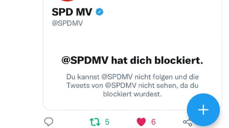 Hier  wurde  eine  Userin  von  der  SPD  Mecklenburg-Vorpommern  blockiert  -  weil  sie  Unwahrheiten verbreitet  hat, heißt  es  aus  der Landesgeschäftsstelle. Screenshot::  privat