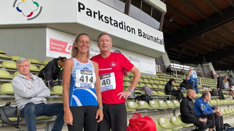 Katja Liedemit (1. LAV Rostock) und Gottfried Behrens vom SV Warnemünde bei den Deutschen Senioren-Meisterschaften in der Leichtathletik in Baunatal (Hessen)