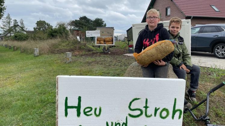 Clemens (l.) verkauft "Hamsterheu" und Stroh an Kleintierhalter. Sein gleichaltriger Freund Thore hilft ihm gelegentlich.