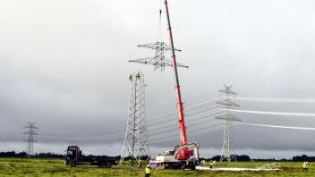 Demontage eines 110-kV-Leitungs-Mastes bei Koldenbüttel.
