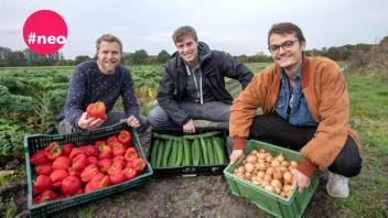 Die „a.ware“-Gründer (von links) Sinjo Neitsch, Stephan Lankes und Jonathan Sehl präsentieren einen Teil ihrer "geretteten" Lebensmittel, die ansonsten wegen kleiner Schönheitsfehler entsorgt worden wären.