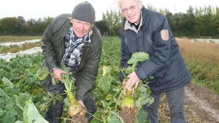 Gemüsebauer Volker Hattesen (li.) und Heinz Jensen demonstrieren die diesjährige Ernte der „Perle aus Angeln“.