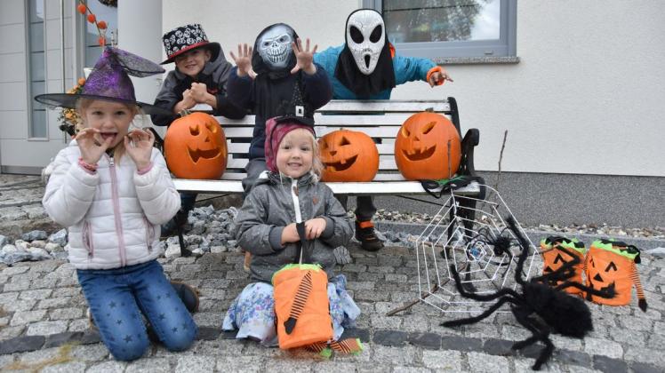 Freuen sich auf Halloween: Frieda, Ludwig und Gretha Reppenhagen und ihre Freunde Leon und Luis aus der Nachbarschaft.