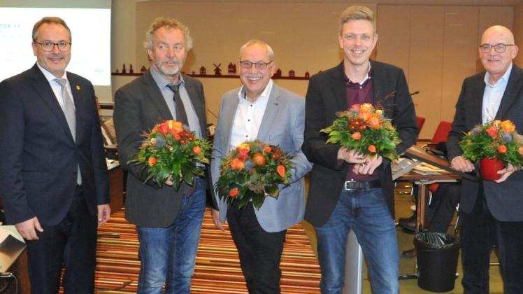 Das Meppener Führungsquintett: Bürgermeister Helmut Knurbein (von links), seine Stellvertreter Martin Tecklenburg, Gerd Gels und Christoph Röttker sowie der Ratsvorsitzende Hermann Sievers.