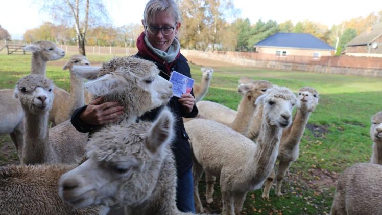 Sie sind und bleiben die Hauptattraktion des Hofes Birkenkamp: Die Alpakas, hier liebevoll umsorgt von Jennifer Dietel.