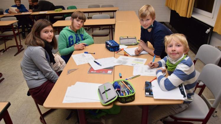Die elfjährigen Sophia, Richard, David und Damian (von links), alle aus der Klasse 6c, versuchten sich an den anspruchsvollen Aufgaben der Mathe-Nacht.