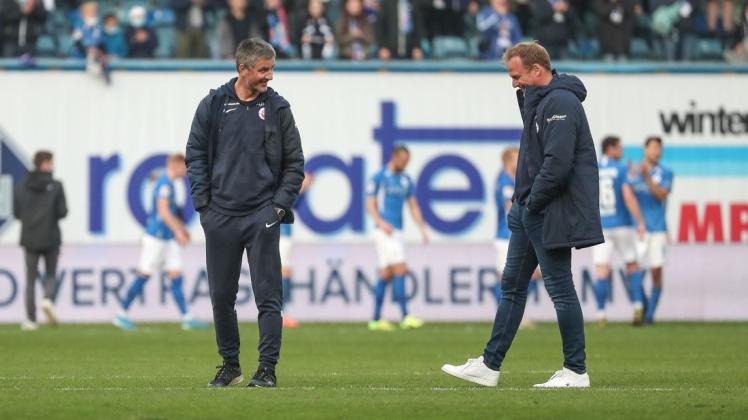 Sport-Vorstand und Ex-Keeper Martin Pieckenhagen (rechts) verpflichtete als eine seiner ersten Amtshandlungen im Januar 2019  Trainer Jens Härtel (links). Der Aufstieg in die 2. Bundesliga ist seitdem der bislang größte Erfolg der beiden.