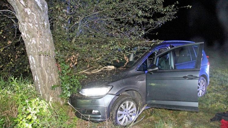 Der bewusstlose Fahrer prallte mit seinen Auto gegen einen Baum.