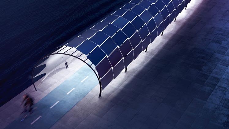 Das vom Osnabrücker Architekten Peter Kuczia entworfene Solaroute-System kann fast beliebig lang und breit gebaut werden - auch um Kurven herum. Mit Lampen ausgestattet, leuchtet es Radfahrern bei Dunkelheit sogar den Weg, wie dieses am Computer erstellte Bild zeigt.